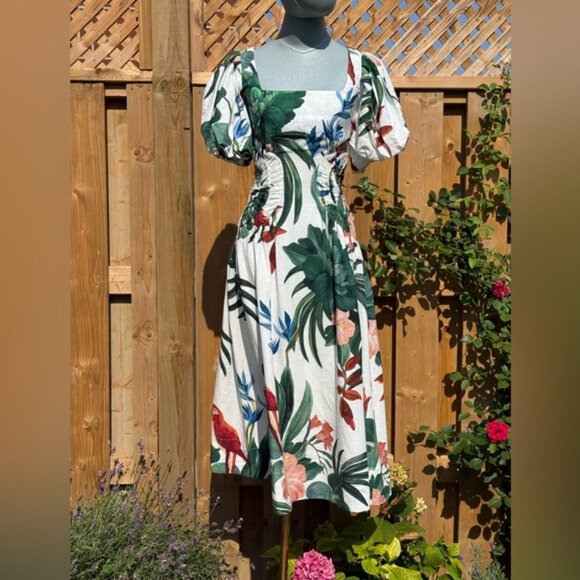 🆕 FARM Rio 🧿 NWOT Midnight Macaw Fiesta Linen Puff-Sleeve Midi Dress, Sz XXS - Picture 2 of 16